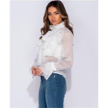 Edle Damen Chiffon Schluppenbluse mit Volants Weiß