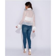 Edle Damen Chiffon Schluppenbluse mit Volants Weiß