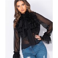 Edle Damen Chiffon Schluppenbluse mit Volants Schwarz