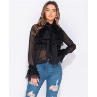 Edle Damen Chiffon Schluppenbluse mit Volants Schwarz