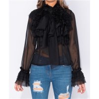 Edle Damen Chiffon Schluppenbluse mit Volants Schwarz