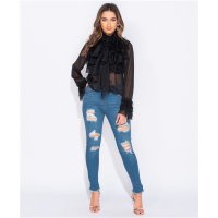 Edle Damen Chiffon Schluppenbluse mit Volants Schwarz