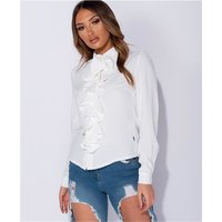 Womens long-sleeved pussy bow blouse with flounces white