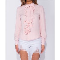 Womens long-sleeved pussy bow blouse with flounces pink