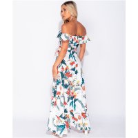 Langes Off Shoulder Maxikleid mit Palmen und Volants Weiß