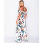 Long off-shoulder maxi dress with palms and flounces white