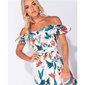 Langes Off Shoulder Maxikleid mit Palmen und Volants Weiß
