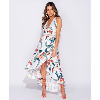 Long halterneck maxi dress with wrap front and palms white