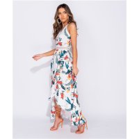 Long halterneck maxi dress with wrap front and palms white