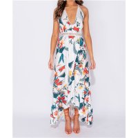 Long halterneck maxi dress with wrap front and palms white