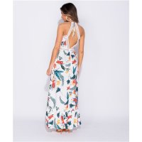 Long halterneck maxi dress with wrap front and palms white