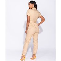 Short-sleeved womens jumpsuit with button up front beige