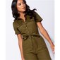 Short-sleeved womens jumpsuit with button up front olive green