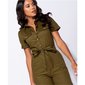 Damen Kurzarm Overall Jumpsuit Hosenanzug mit Gürtel Olivgrün