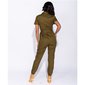 Damen Kurzarm Overall Jumpsuit Hosenanzug mit Gürtel Olivgrün