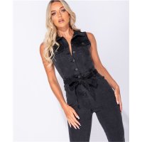 Sleeveless womens jeans jumpsuit slim-fit with belt black...