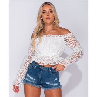 Womens off-the-shoulder shirt transparent with flowers white UK 12 (M)