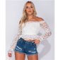 Womens off-the-shoulder shirt transparent with flowers white UK 12 (M)