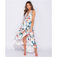 Long halterneck maxi dress with wrap front and palms...