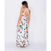 Long halterneck maxi dress with wrap front and palms white UK 10 (S)
