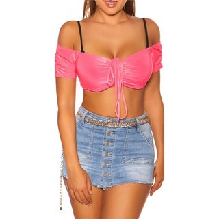 Sexy Latina off-the-shoulder crop top with ribbons fuchsia