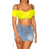 Sexy Latina off-the-shoulder crop top with ribbons...