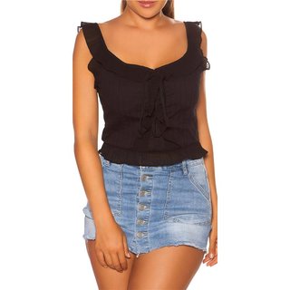 Damen Chiffon Top mit Trägern und Rüschen Schwarz