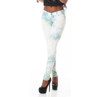 Sexy figurbetonende Damen-Röhrenjeans in Batik-Look Weiß-Grün