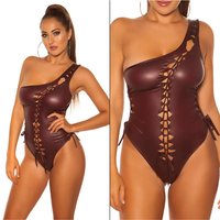 Sexy womens wet look clubwear bodysuit with lacings wine-red
