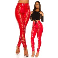 Glossy womens latex look trousers with lacings red