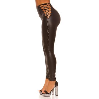 Sexy Damen Wetlook Leggings mit Schnürung an der Seite Schwarz