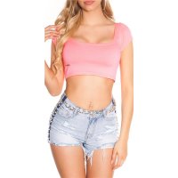 Cropped womens shirt with short sleeves neon-coral...
