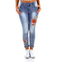 Womens skinny jeans in used look with flower print blue