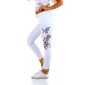 Womens skinny jeans with flower print and rhinestones white