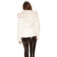 Womens winter puffer jacket with hood & fake fur white