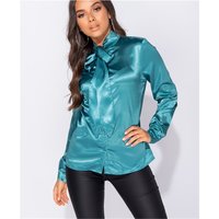 Long-sleeved womens satin blouse with pussy bow green