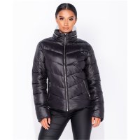 Light womens high-neck puffer jacket with hood black