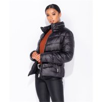 Light womens high-neck puffer jacket with hood black