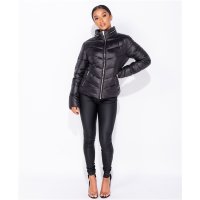 Light womens high-neck puffer jacket with hood black
