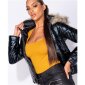 High shine womens puffer jacket with hood & fake fur black