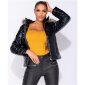High shine womens puffer jacket with hood & fake fur black