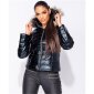 High shine womens puffer jacket with hood & fake fur black