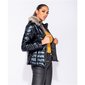 High shine womens puffer jacket with hood & fake fur black