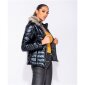 High shine womens puffer jacket with hood & fake fur black