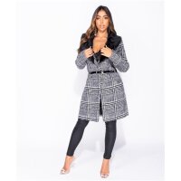 Checked womens coat fake fur collar black/white