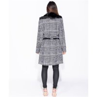 Checked womens coat fake fur collar black/white