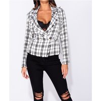 Checked womens bouclé blazer with dome buttons white/black