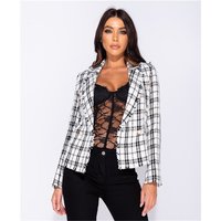 Checked womens bouclé blazer with dome buttons white/black