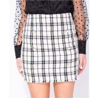 Checked womens bouclé mini skirt with buttons white/black