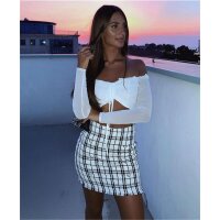 Damen Bouclé Minirock kariert mit Perlenknöpfen Weiß-Schwarz